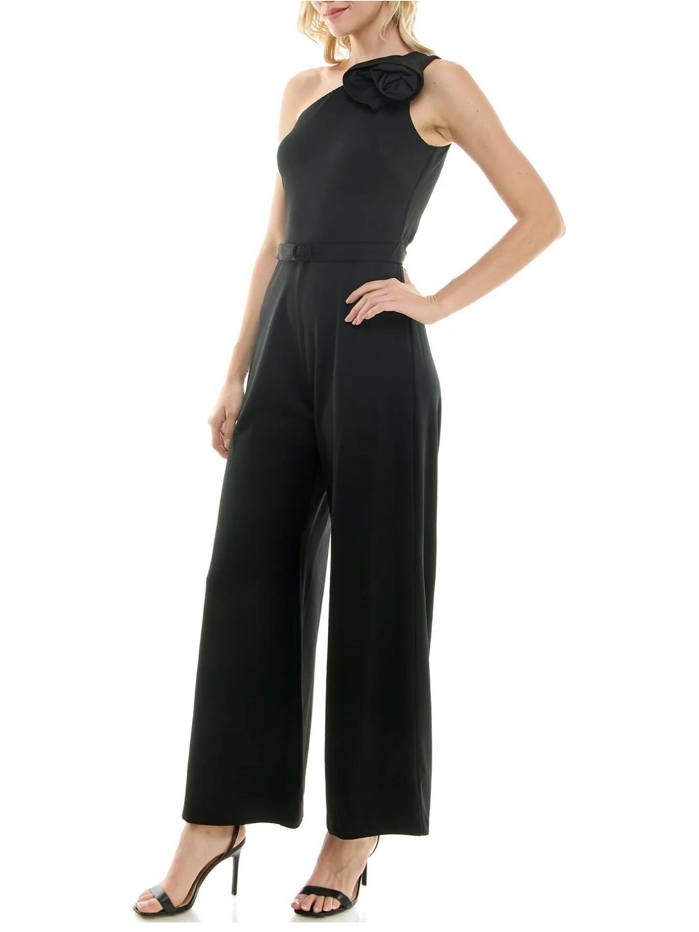 Maison Tara Black One-Shoulder Floral-Accent Jumpsuit